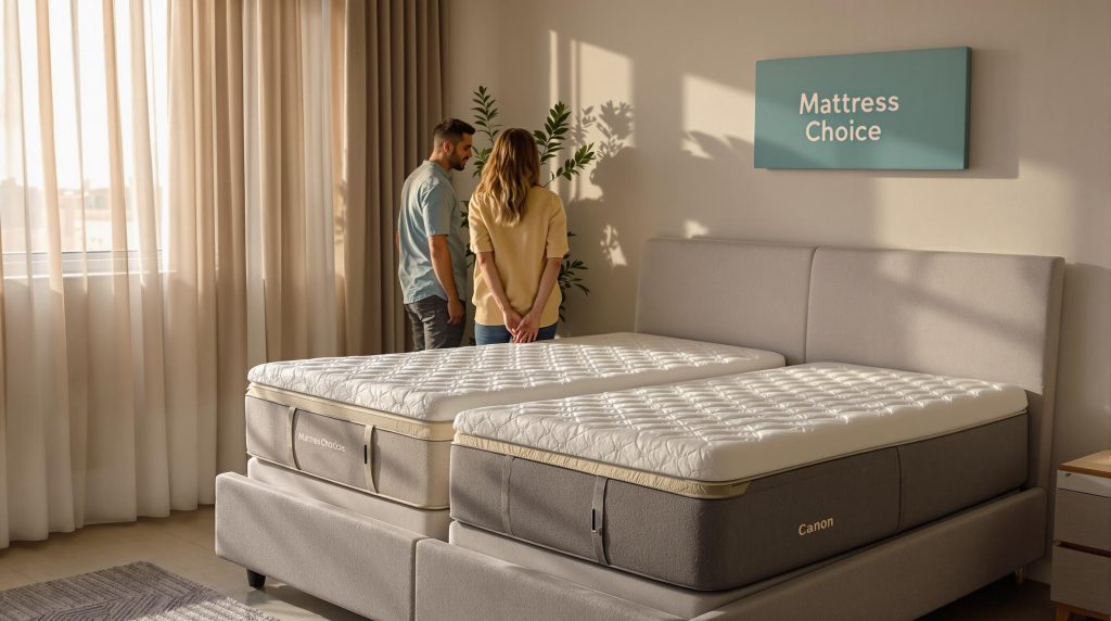 Gauteng couple comparing spring and foam mattresses in a sunlit modern bedroom