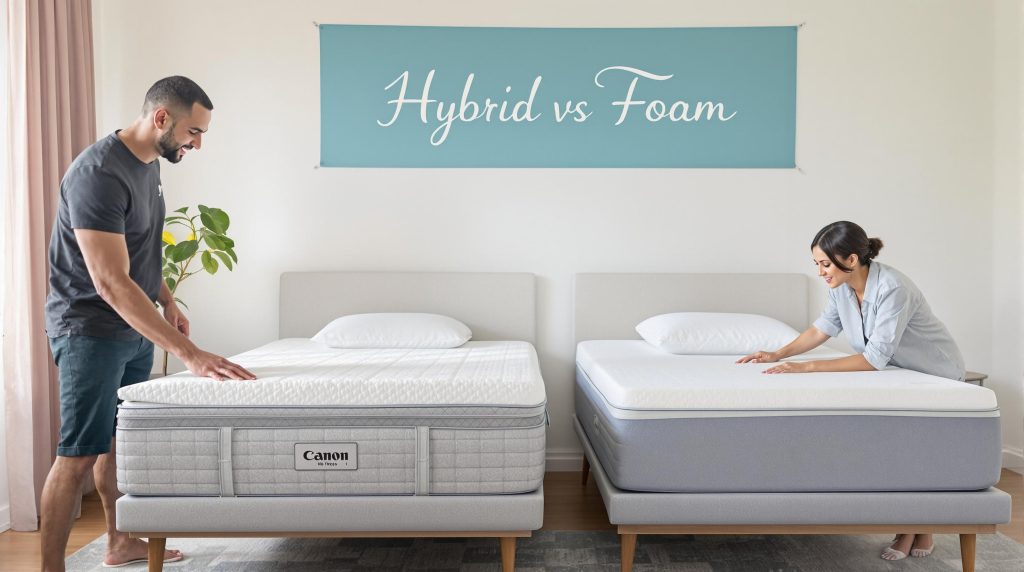 Couple comparing hybrid and foam mattresses in bright Gauteng bedroom