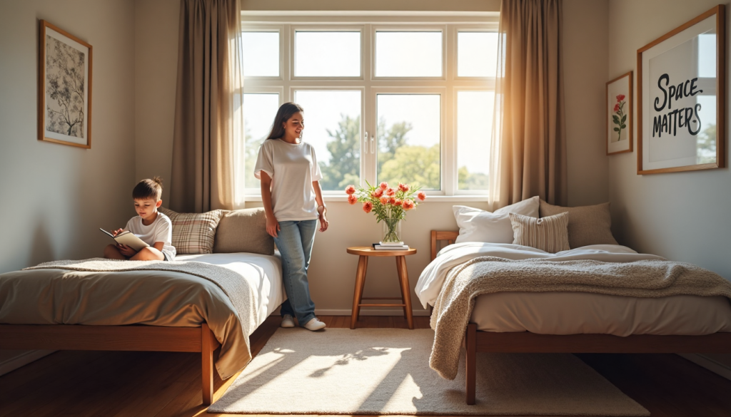 Modern bedroom with single and three quarter beds side by side, showing size comparison