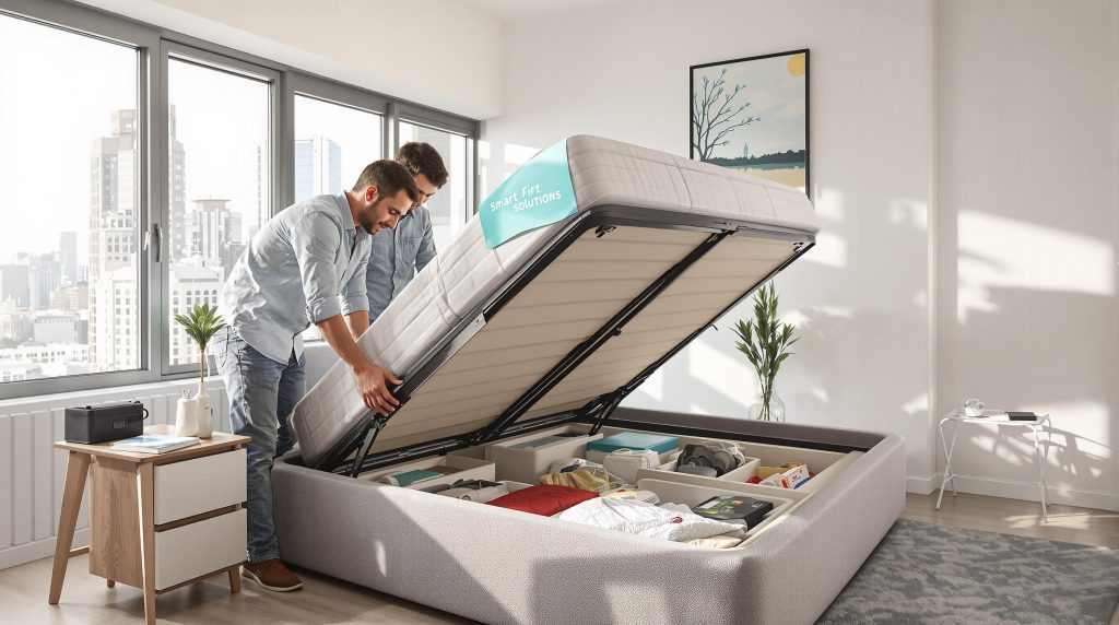 Couple using storage bed in bright Gauteng bedroom with city view