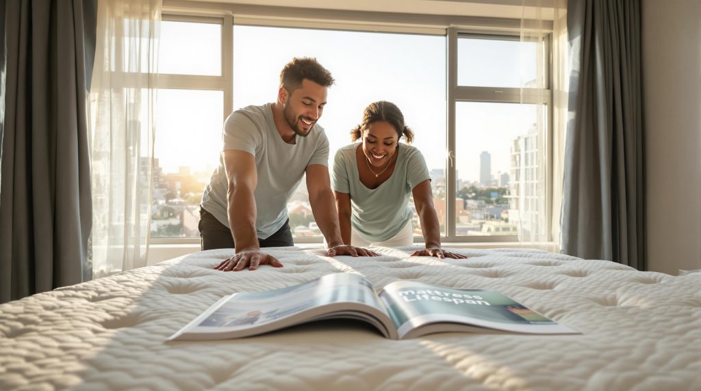 Couple testing a new mattress in sunny Gauteng bedroom, with city view