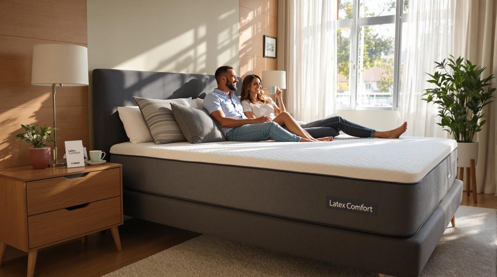 Happy couple enjoys coffee on latex mattress in sunlit modern bedroom