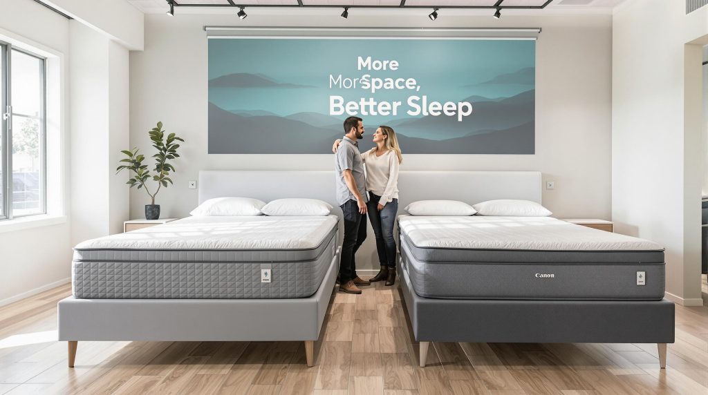 Couple comparing king and super king beds in bright Gauteng showroom