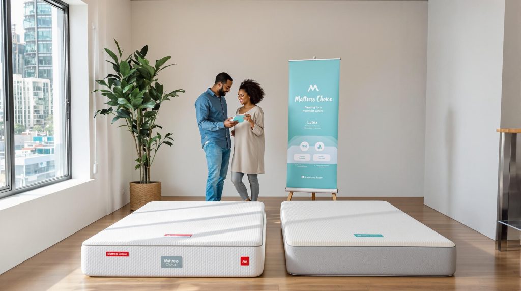 Couple compares memory foam and latex mattresses in bright Gauteng bedroom