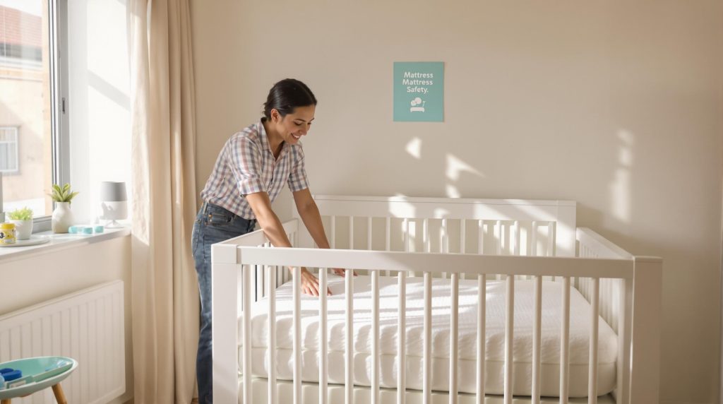 Parents fitting firm mattress in cot labeled 'Mattress Safety' in sunny nursery