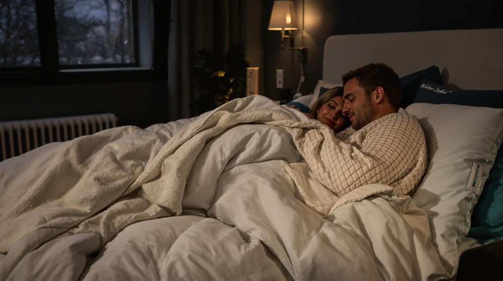 Couple in cozy winter bedding with winter comfort tag visible