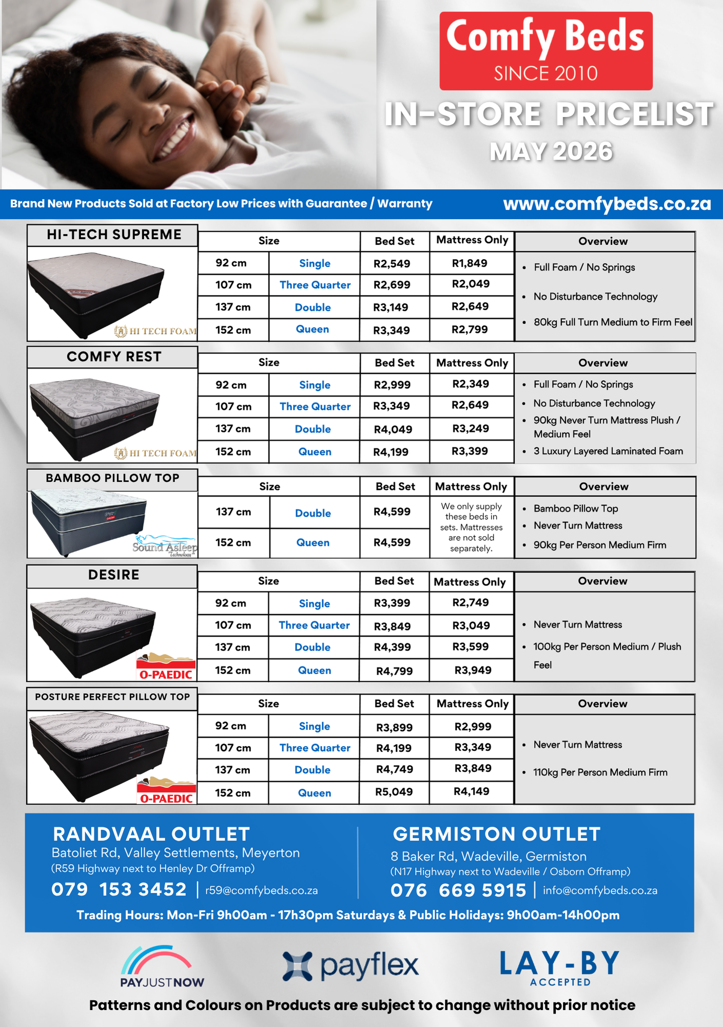 Comfy Beds Instore Price List June '26 p1